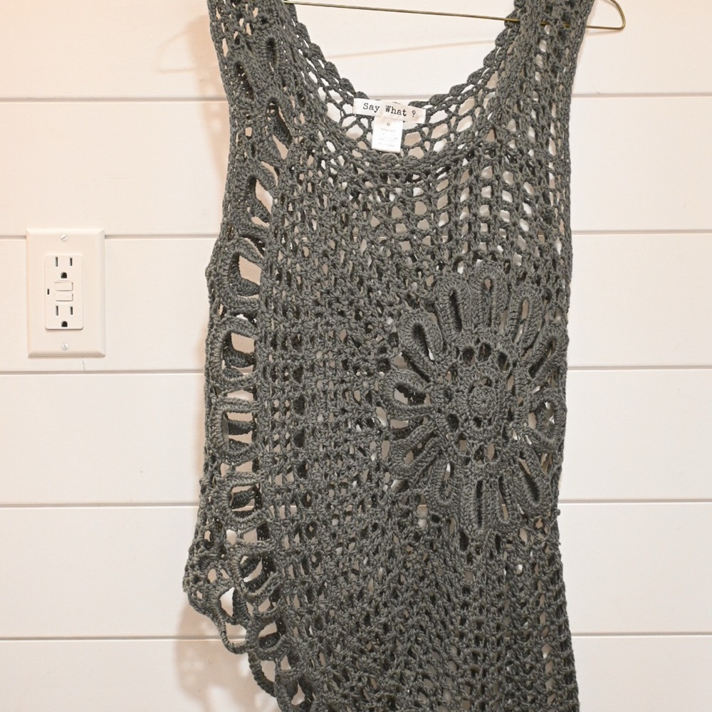 Say What? Gray Asymmetrical Crochet Tank Top